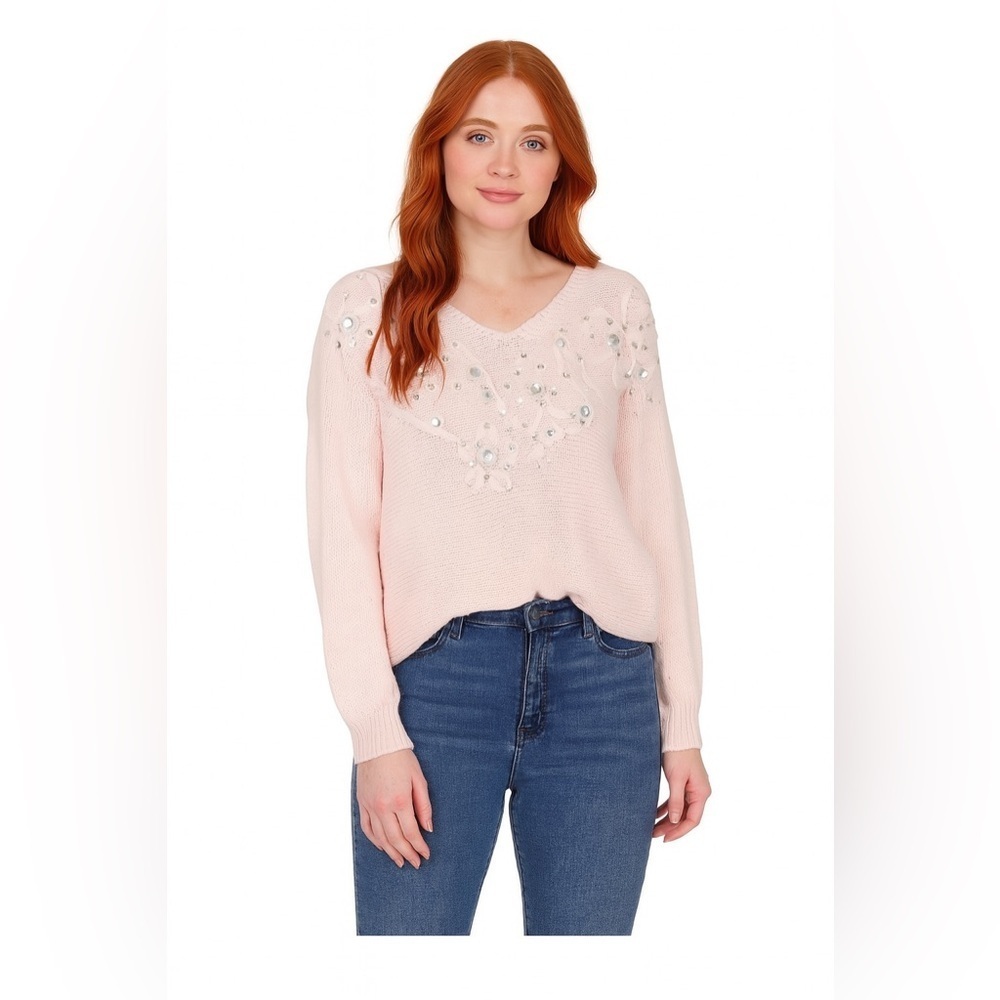 Cristina Pink Pullover Sweater with Gemstones Pearls Large